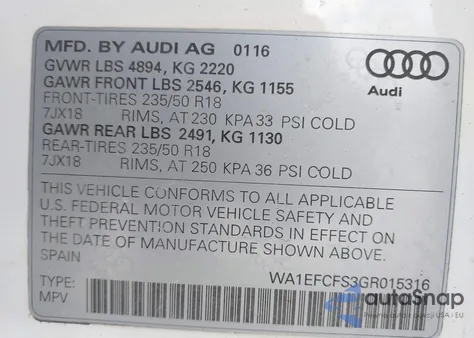 2016 Audi Q3 2.0T Premium Plus z USA, uszkodzony, nr VIN WA1EFCFS3GR015316